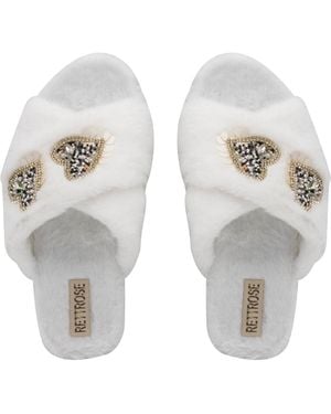 Rettrose Neutrals Katie Cream Luxury Plush Diamanté Heart Embellished Handmade Slipper - White