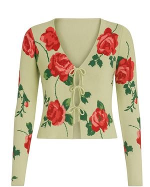 Yumi' Rose Print Cardigan With Tie Front - Green
