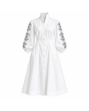 IZABELA MANDOIU Embroidered Cotton Tunic Shirt Dress With Puff Sleeves - White