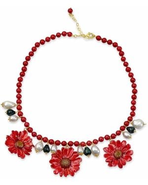 Bellus Domina Natural Daisy & Pearl Necklace - Red