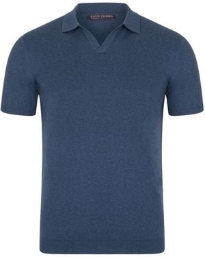 Paul James Knitwear Ultra Fine Cotton Nathann Buttonless Polo Shirt - Blue