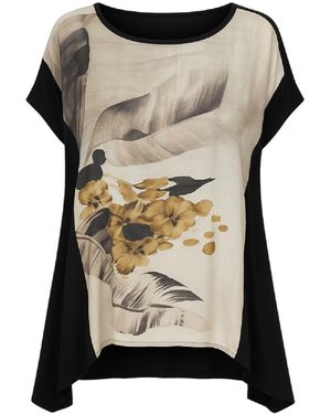 Conquista Floral Brushstroke Silk-Feel Top — Modern Artistry With Effortless Elegance - Black
