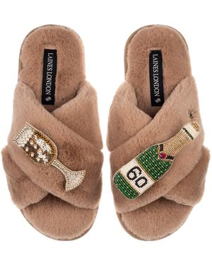 Laines London Neutrals Classic Laines Slippers With Champagne & Glass 60Th Birthday Brooches - Brown