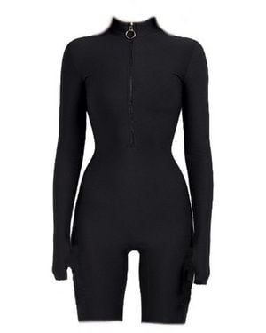 Monosuit Long Sleeve High Neck Zip Up Shorts Bodysuit - Black