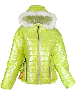 Lalipop Design Hooded Metallic Neon Puffer Coat - Green