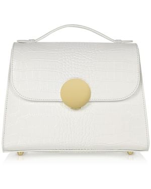 Le Parmentier Bombo Croco Embossed Leather Top-Handle Satchel Bag W/Strap - White
