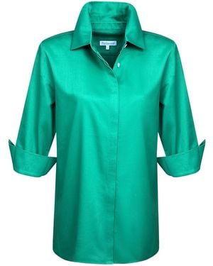 Perlavera Cely Solid Cotton Satin Three Quarter Sleeve Length Missy Fit Shirt - Green