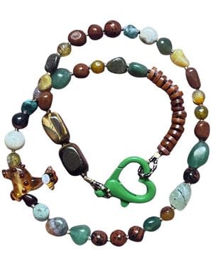 Desert Lobby Neutrals Giraffe – Handmade Beaded Necklace With Murano Giraffe, Gemstones & Heart Clasp - Green