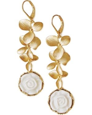 POPORCELAIN Moonlight Rose & Triple Leaves Drop Earrings - Metallic