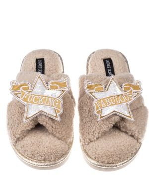 Laines London Neutrals Laines Neutral Boucle Slippers With Fucking Fabulous Star Brooches - Natural