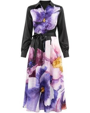 John Abgin Satin Placement Print Floral Midi Shirt Dress - Purple