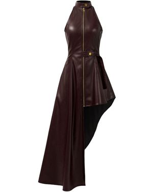 Kargede Leather Maxi Dress – Tailored, High Neck, Asymmetrical Hem - Brown