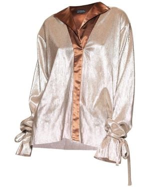 Terese Sydonna Pleated Tie Sleeve Tuxedo Blouse - Brown