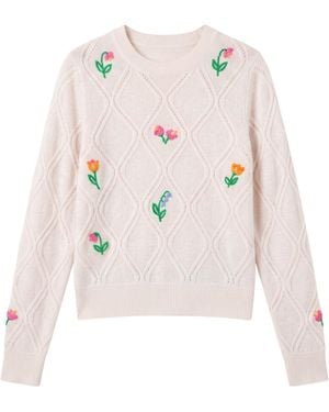 Brodie Cashmere Lightweight Floral Stitch Cashmere Crew - Pink