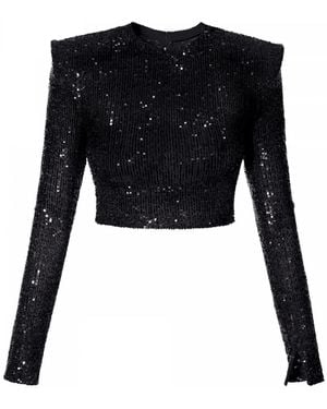 AGGI by HALEWSKI Zoey Sparkle Sequin Crop Top With Long Sleeve - Black