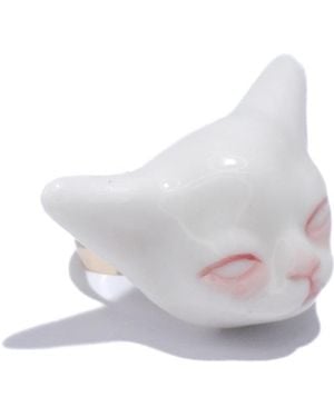 H2 Studio Angry Puss Porcelain Cat 14K Plated Brass Ring - White