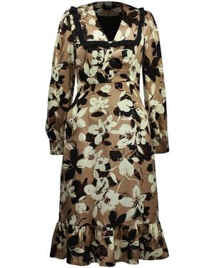 Smart and Joy Ruffle Collar Macro Flower Print Dress - Brown