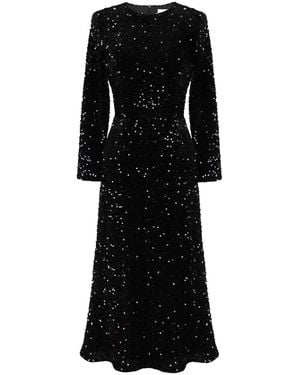 POST MERIDIEM Sequin Decorated Velvet Long Sleeve Midi Dress - Black