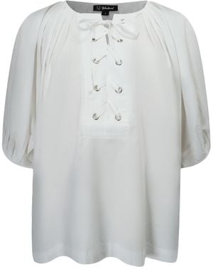 Smart and Joy Loose-Fitting Cotton Blouse With Puff Sleeves - Gray