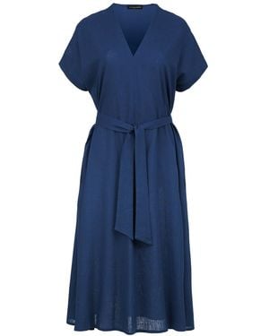 Conquista Linen Style Belted Midi Dress - Blue