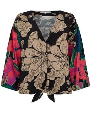 Lily and Lionel Retro Floral Cape-Sleeve Blouse - Black