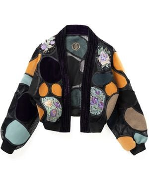 Rondooz Hand Painted Velvet And Denim Bomber Jacket With Hand Applied Embellishment - Blue