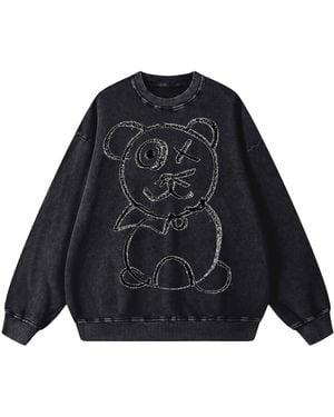 X Ilona Blue Universal Fit Graffiti Teddy Bear Vintage Washed Cotton Midnight Crewneck - Blue