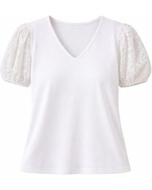 Yumi' Cotton Jersey T-Shirt With Lace Sleeves - White