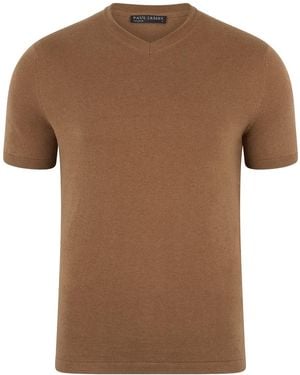 Paul James Knitwear Ultra Fine Cotton Hudson High V Neck Knitted T-Shirt - Brown