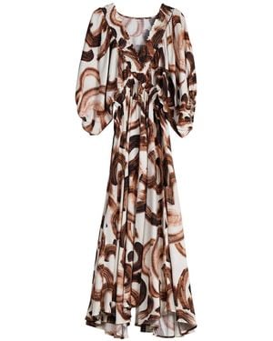 Tantra Spain Sl Maxi Print Dress With Puffed Sleeves, Ruffled V-Neck - Brown