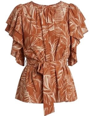 Imaatu Butterfly Blouse Palms Rust Sustainable Viscose One Size Ruffle Sleeves Tropical Print - Brown