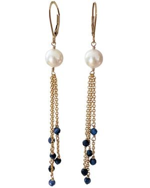 Herself Collections Pearl & Sapphire Chain Drop Earrings - Metallic