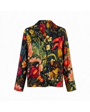 Janara Jones Floral Garden Print Twill Satin Janna Shirt - Green