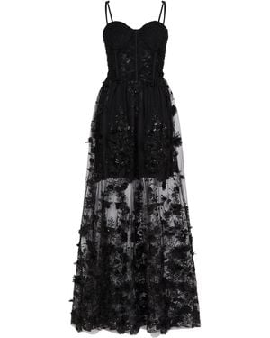 Sour Figs Floral Appliqué Embroidered Sequin Sheer Gown - Black