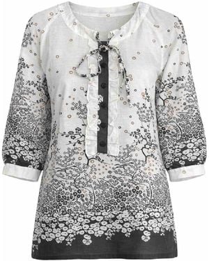 Conquista Neutrals Printed Blouse With Ruffle Placket & Tie Neck - Grey