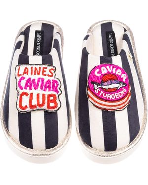 Laines London Flatform Stripe Closed Toe Slippers With Laines Caviar Club Brooches - Red