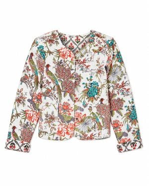 Yumi' Peacock Print Reversible Cotton Quilted Jacket - White
