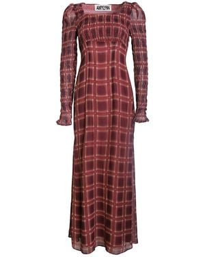 Amy Lynn Noor Smocked Chequered Long Sleeve Column Dress