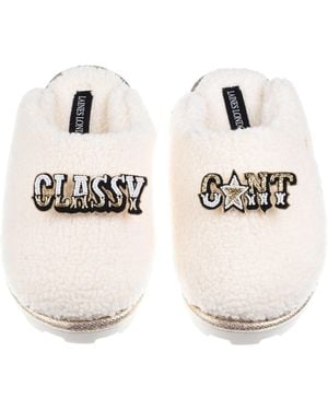 Laines London Neutrals Teddy Closed Toe Slippers With Classy Cunt Brooches - Natural