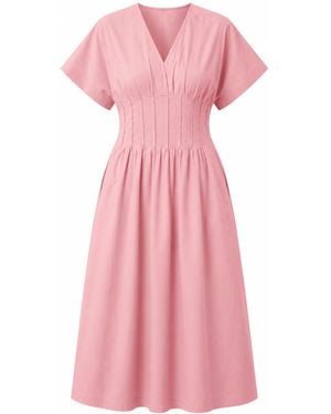 Exquise Amaud Short Sleeve V Neck Midi Dress - Pink
