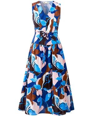 Yumi' Cotton Floral Abstract Dropped Waist Midi Dress - Blue