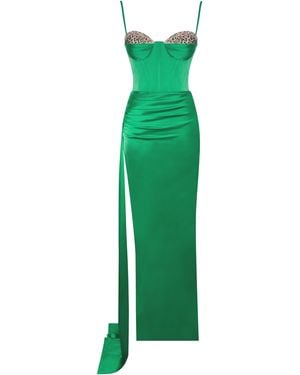 Miss Circle New York Vanity Satin High Slit Draping Corset Gown With Crystals - Green