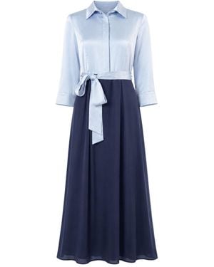 John Abgin Satin Contrast Pearl Detail Maxi Shirt Dress - Blue