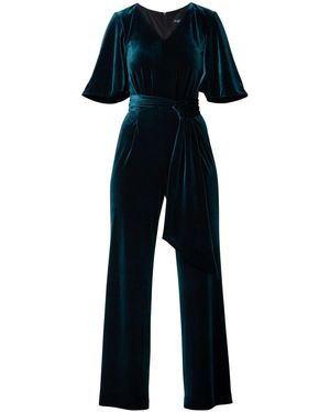 Rumour London Layla Velvet Jumpsuit With Bell Sleeves & Sash - Green