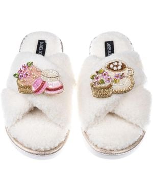 Laines London Neutrals Neutral Boucle Slippers With Macaroon Brooches - Metallic