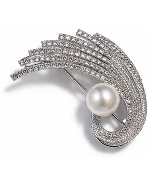 Nuvv Collection Neutrals Crystal Arc Pearl Brooch - Metallic