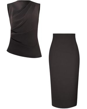 Tia Dorraine Sleeveless Pleated Top & Midi Skirt Set - Black