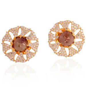 Artisan 18k Solid Yellow Gold Diamond Handmade Designer Stud Earrings Jewellery - Metallic