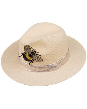 Laines London Neutrals Straw Woven Hat With Embellished Honey Bee Brooch - Natural