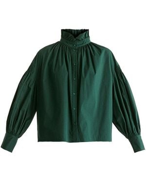 Paisie Puff Sleeve Shirt With Ruffled Collar - Green
